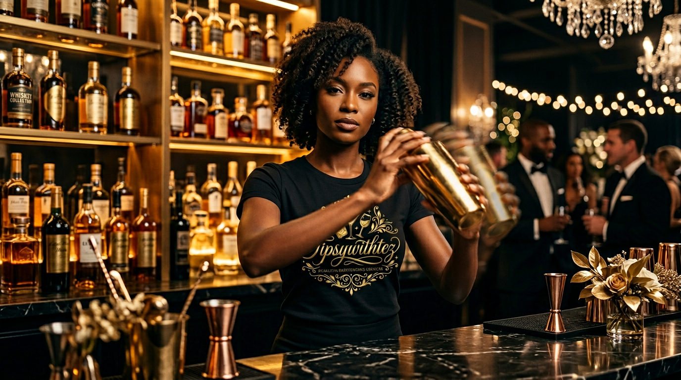 Female bartender shaking a cocktail in a Tipsy with Tez tee