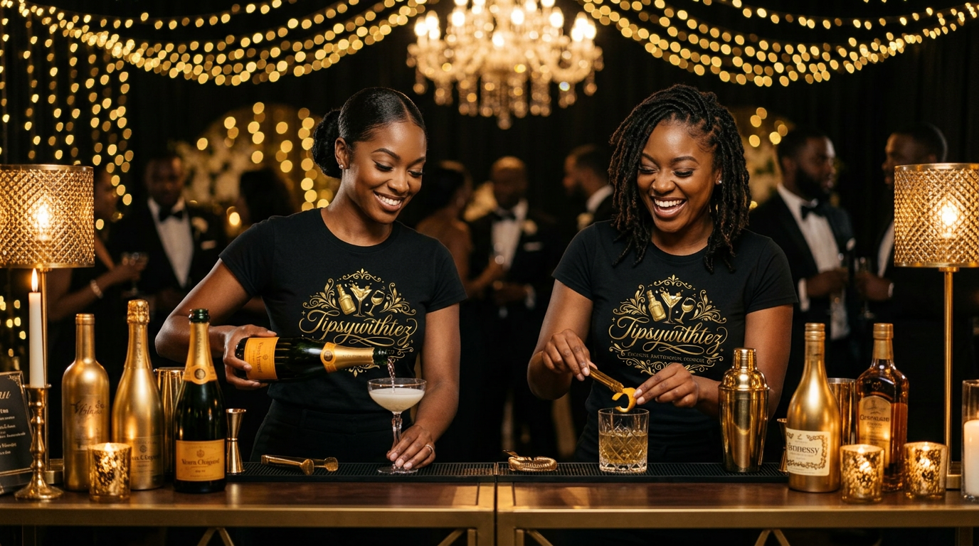 Two female bartenders pouring drinks at a luxury wedding