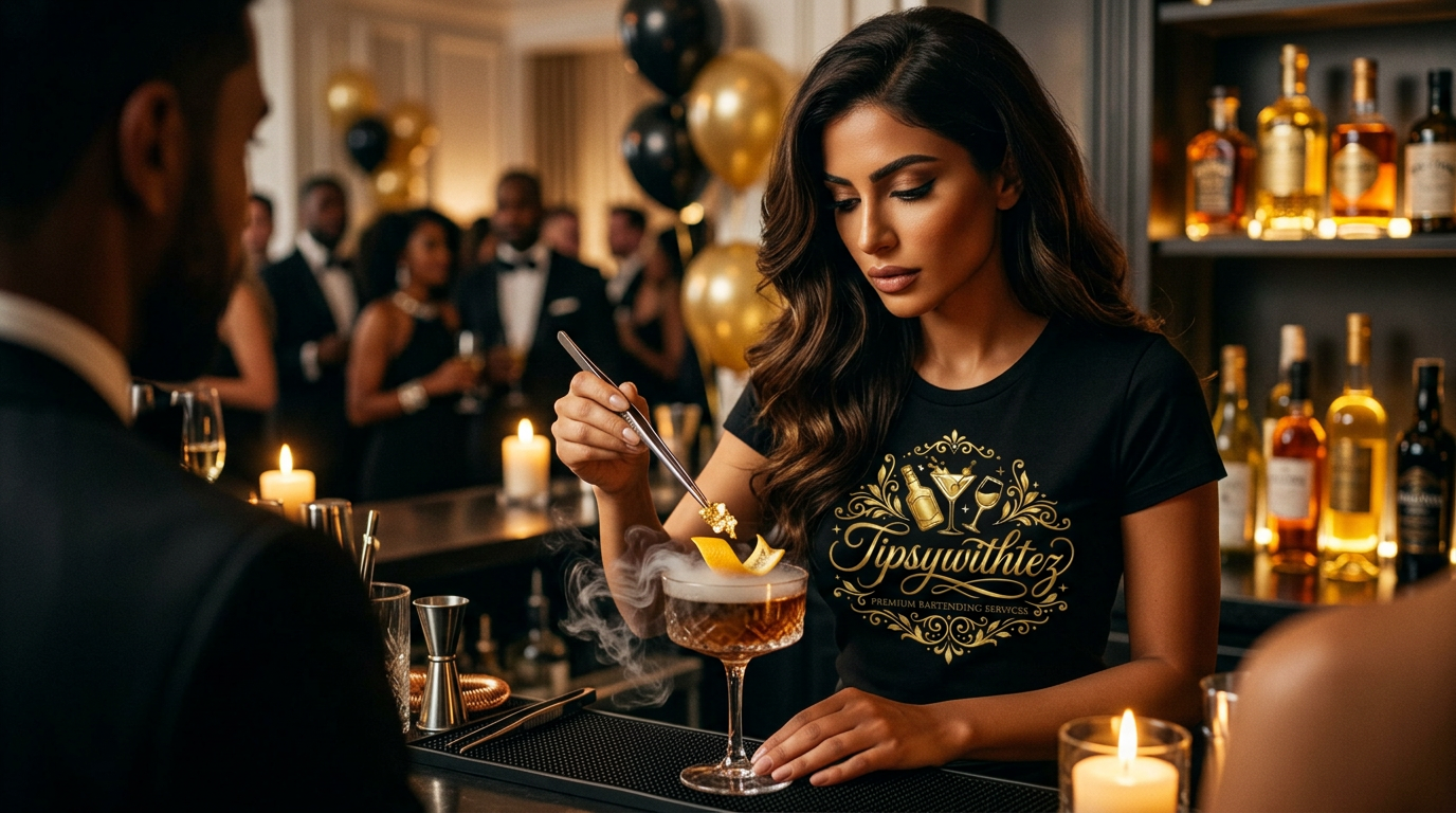 Bartender garnishing a smoking craft cocktail at a birthday party