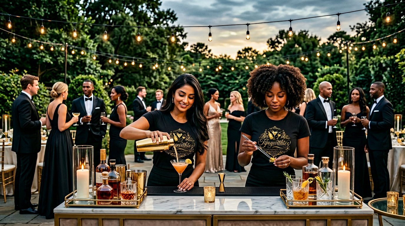 Outdoor Atlanta cocktail party with two female bartenders