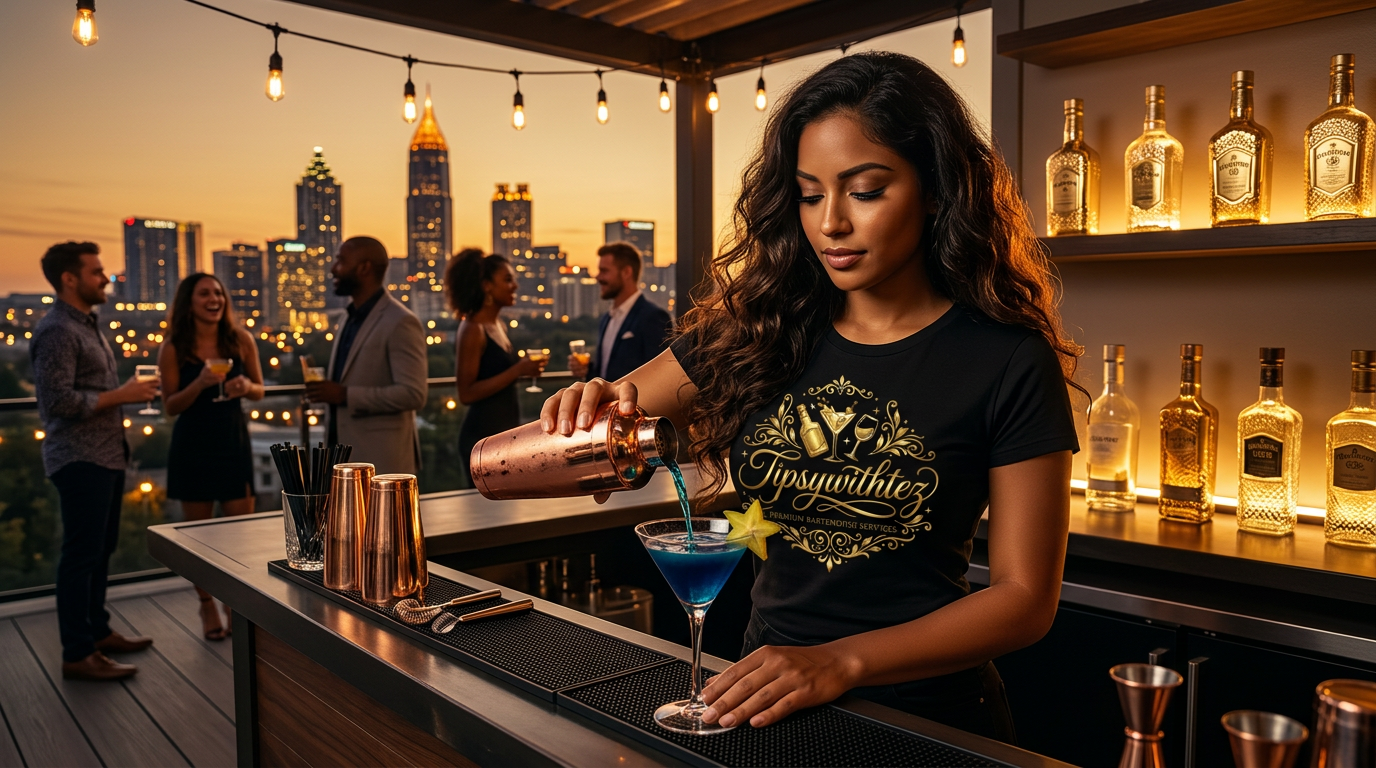 Latina bartender pouring a cocktail on an Atlanta rooftop at dusk